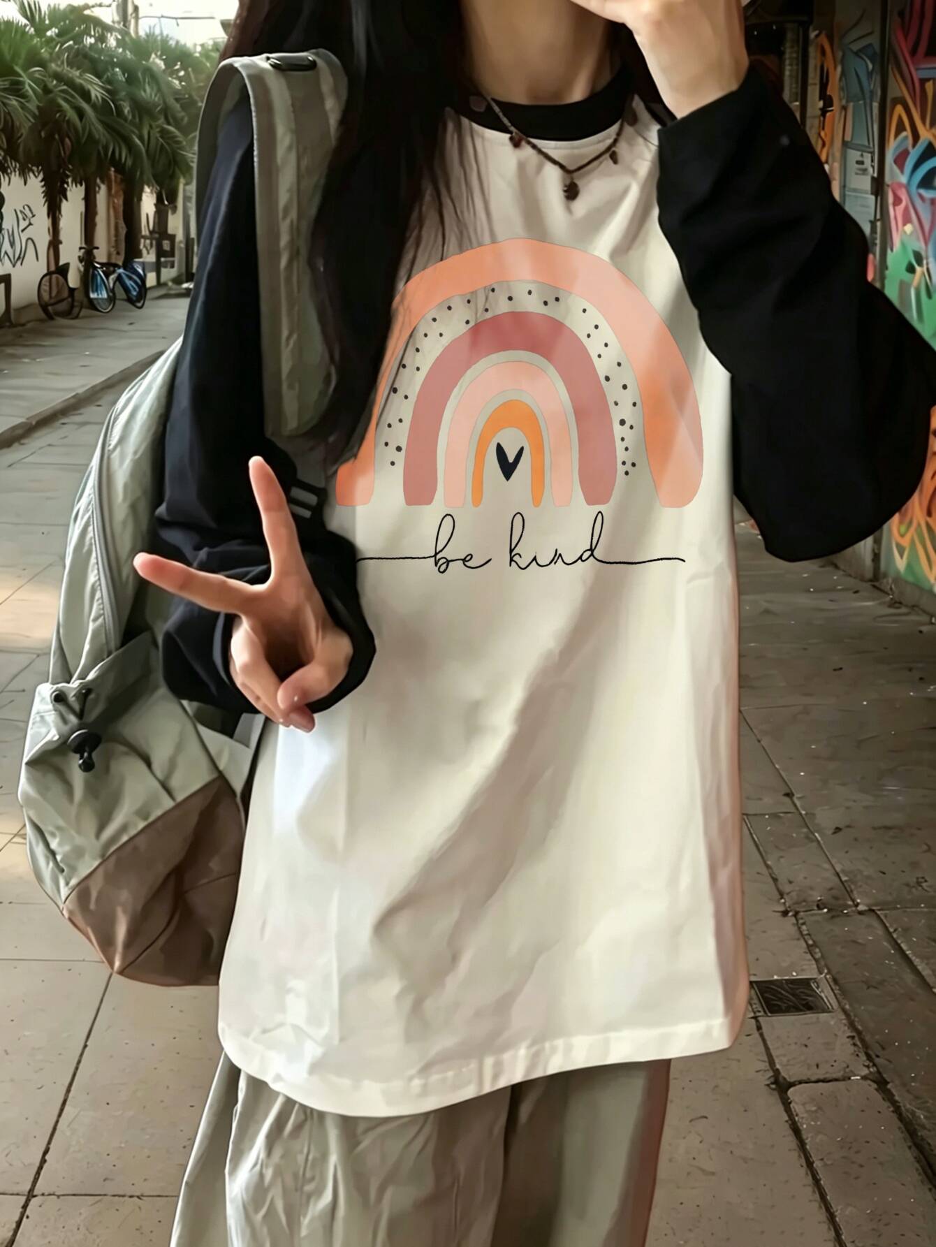 Tee Graphic Print - 하라주쿠 빈티지 캐주얼 레인보우 프린트 긴