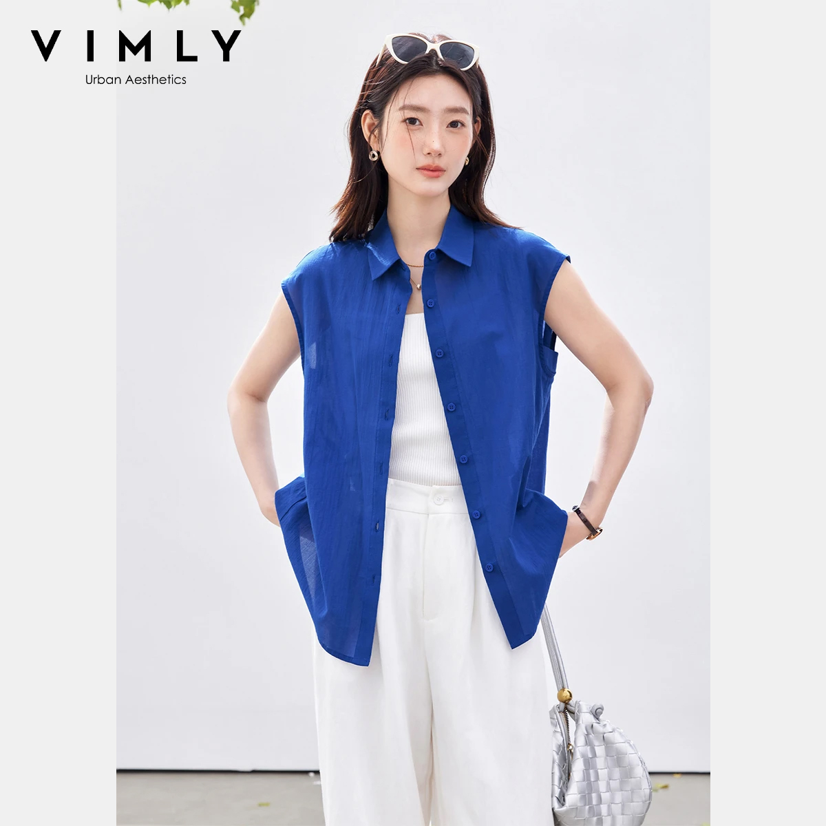 VIMLY 미니멀리스트 오피스 민소매 블라우스 여성 2 - Shirt Camp Collar 리뷰 및 가격